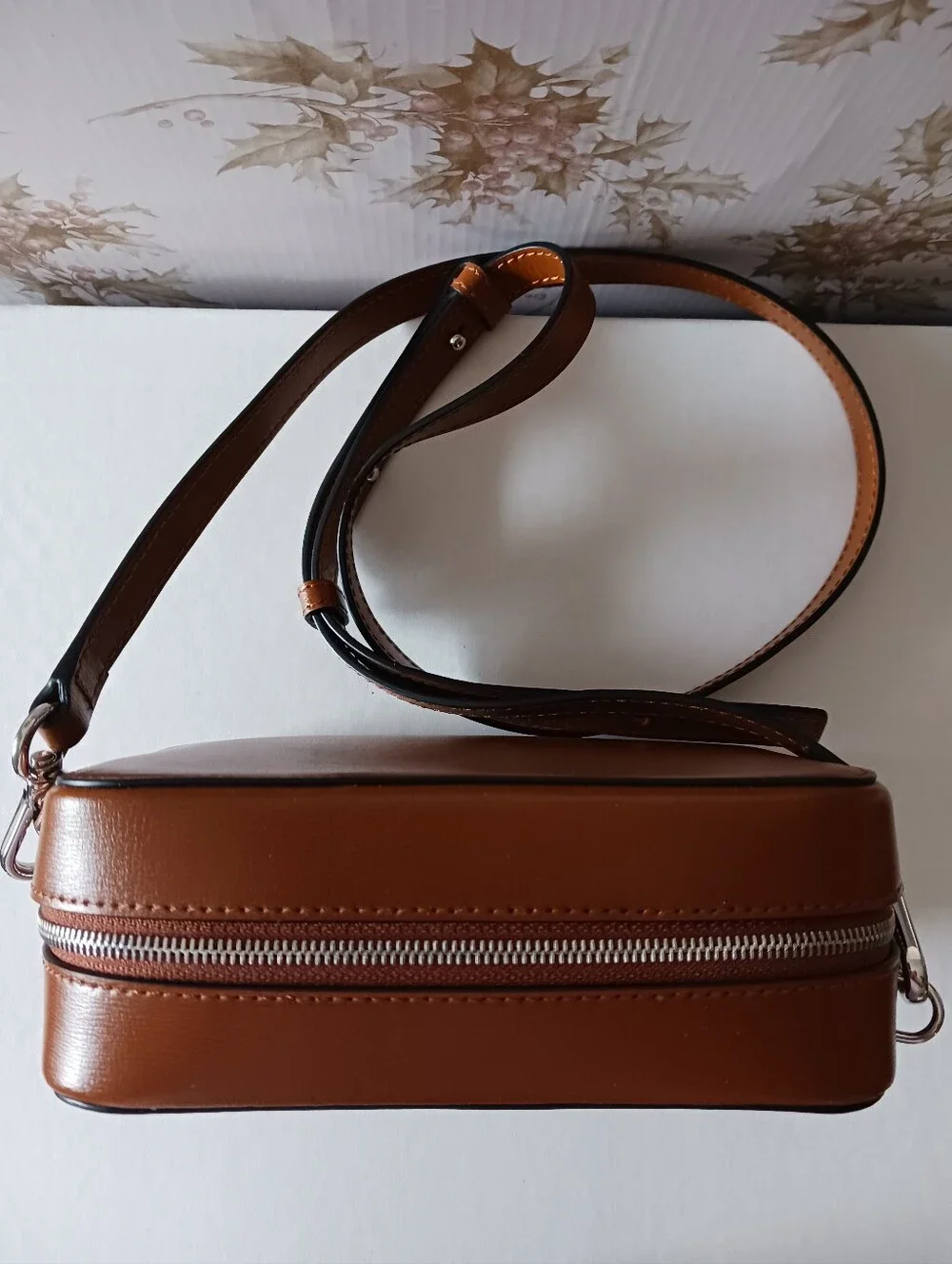 GANNI Cognac Textured Leather Crossbody Bag Adjustable Strap - Picture 7 of 9